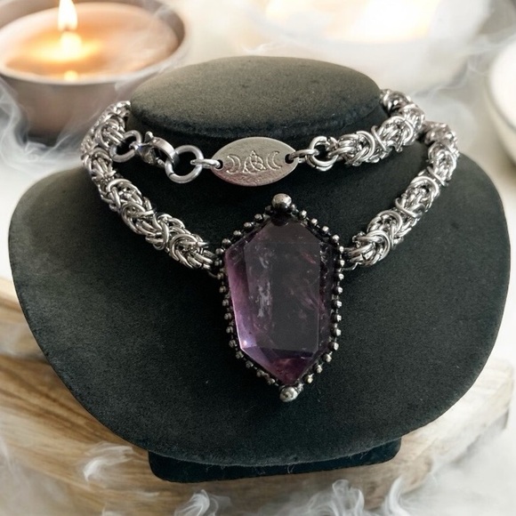 Handmade maille gemstone amethyst crystal chain necklace - Picture 3 of 16